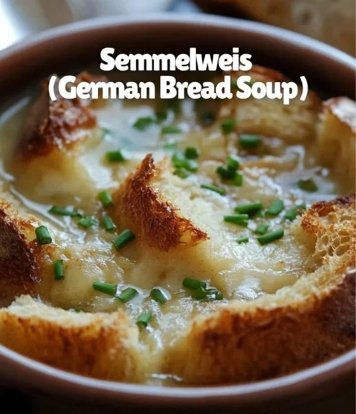 Bowl of Semmelweis, a delicious German bread soup with croutons and herbs.