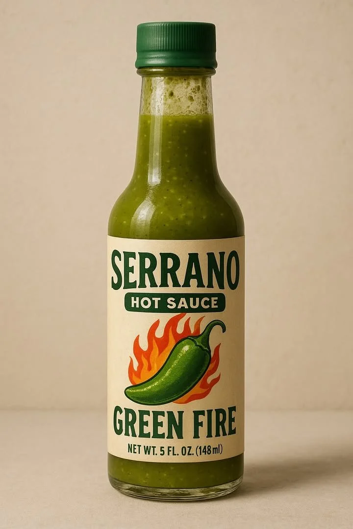Serrano Hot Sauce (Green Fire) bottle showcasing vibrant green color and spicy ingredients