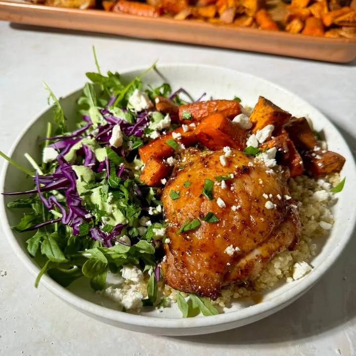 Sheet Pan Hot Honey Chicken Bowl with vegetables and a spicy honey glaze