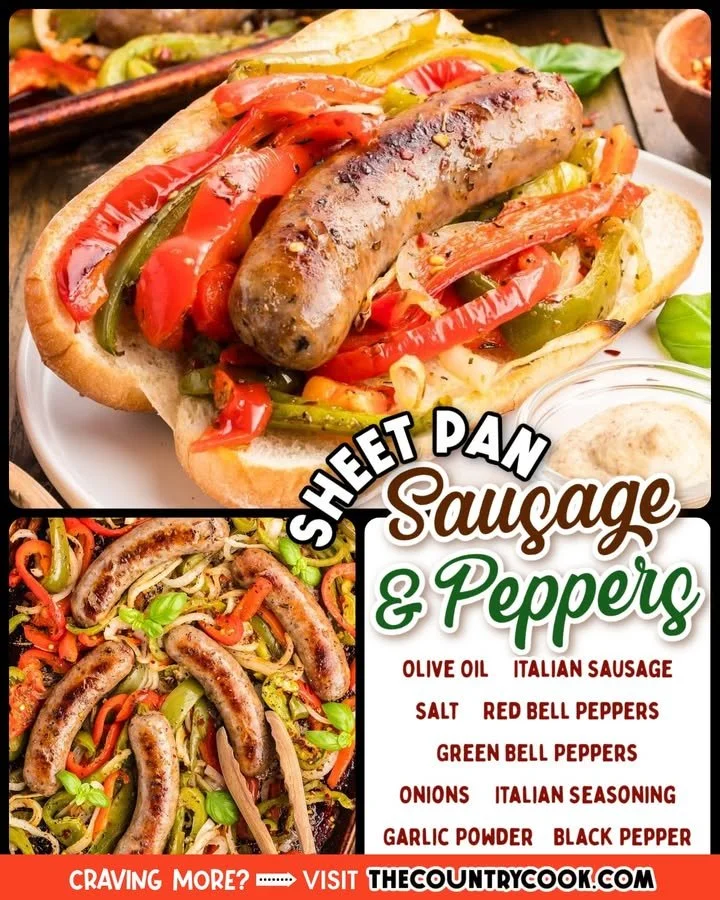 Colorful sheet pan with sausage and peppers ready to be served.