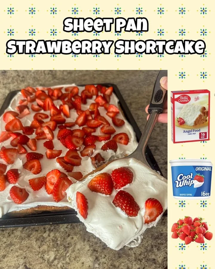 Delicious Sheet Pan Strawberry Shortcake topped with fresh strawberries and whipped cream