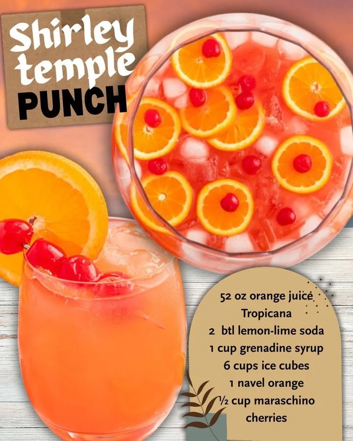 Refreshing Shirley Temple Punch served in a festive glass with cherries and orange slices.