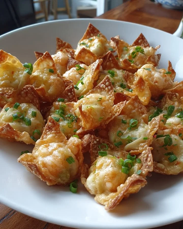 Delicious shrimp and cream cheese wontons ready to be served as a tasty appetizer.