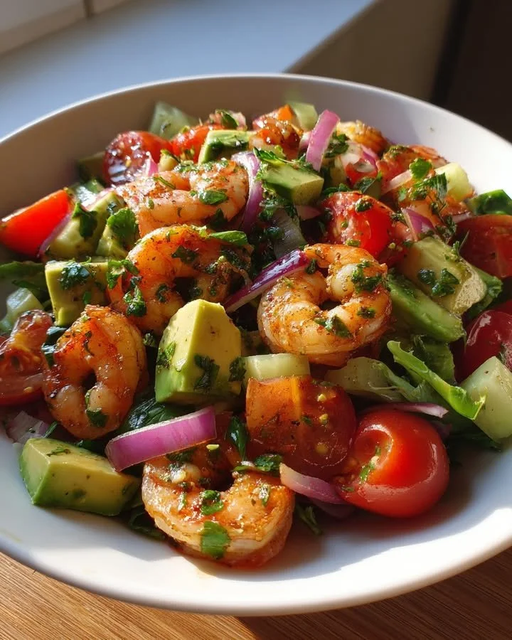 Shrimp and avocado salad garnished with lime dressing on a white plate