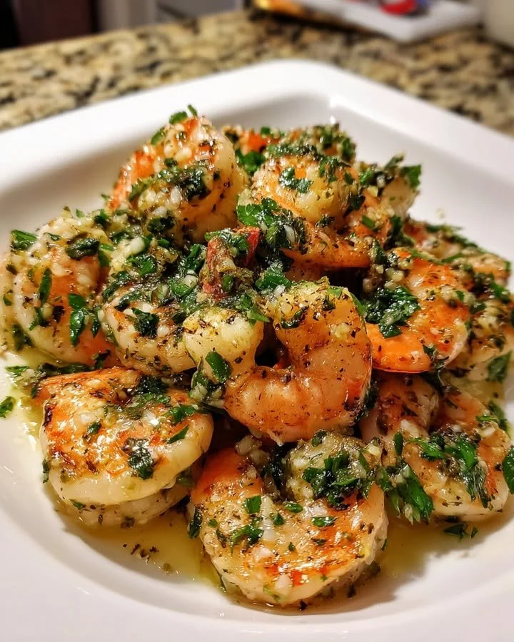 Delicious shrimp sautéed with garlic and lemon on a plate.