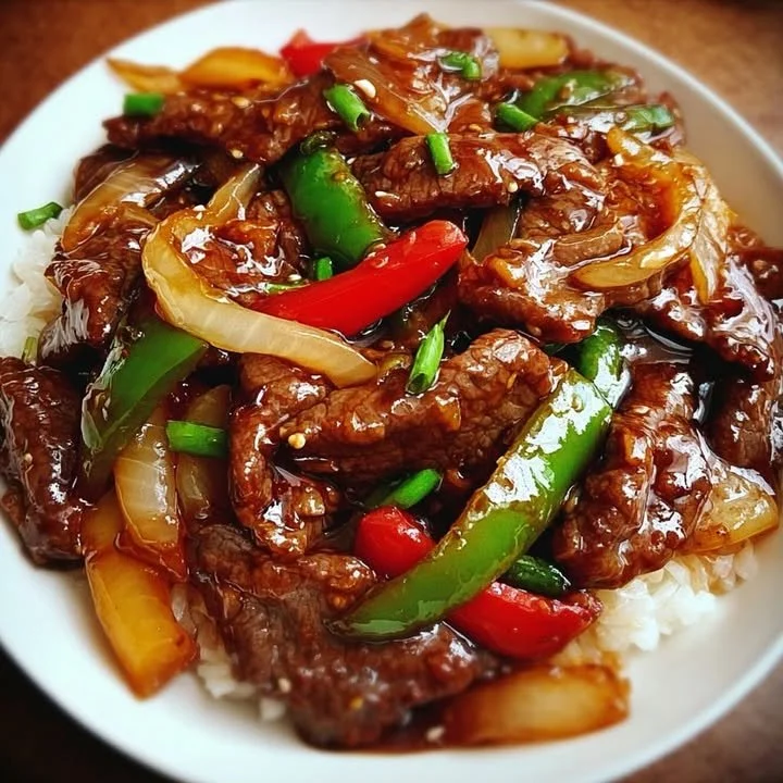 Delicious sizzling Chinese pepper steak with onions served on a plate