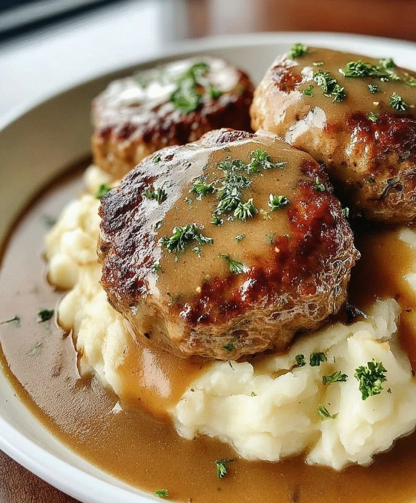 Slow cooker beef patties served with rich gravy on a plate