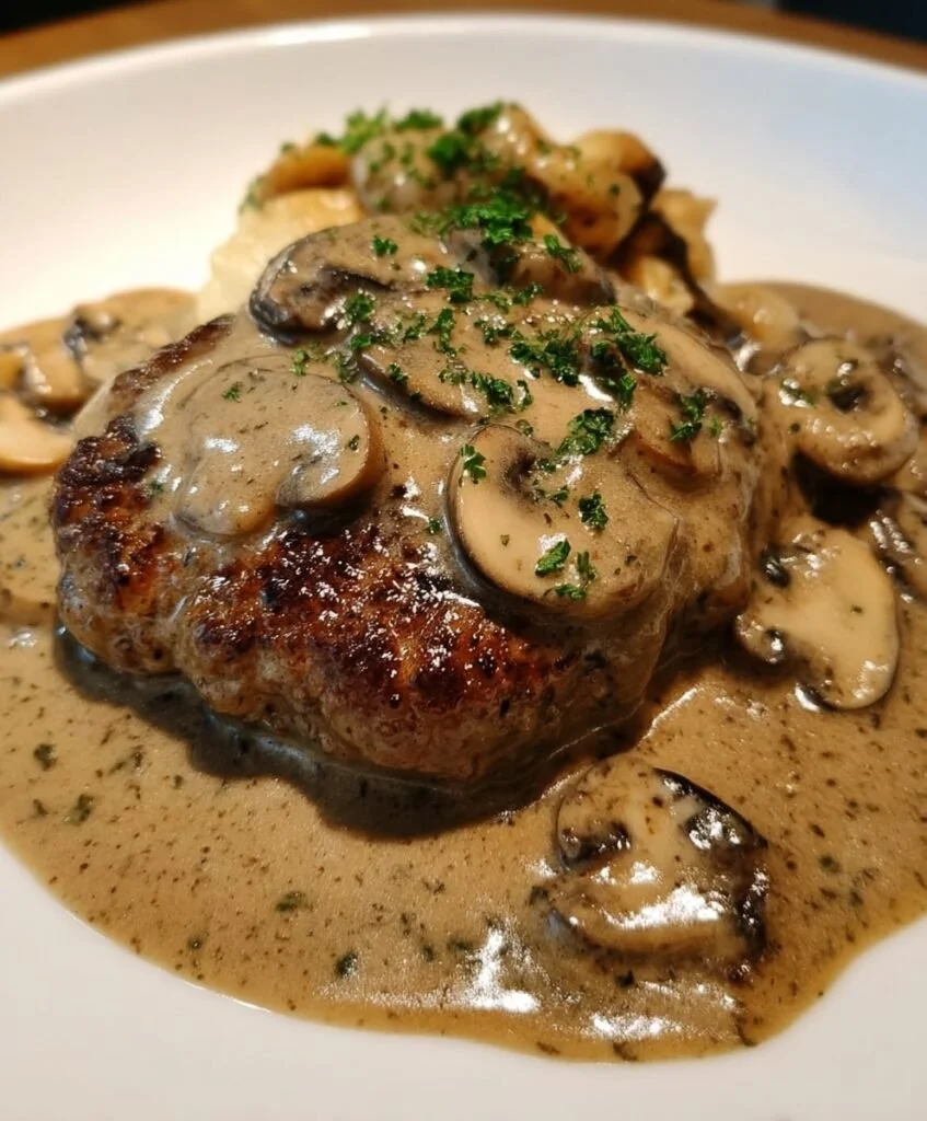 Slow cooker beef patties topped with savory mushroom gravy