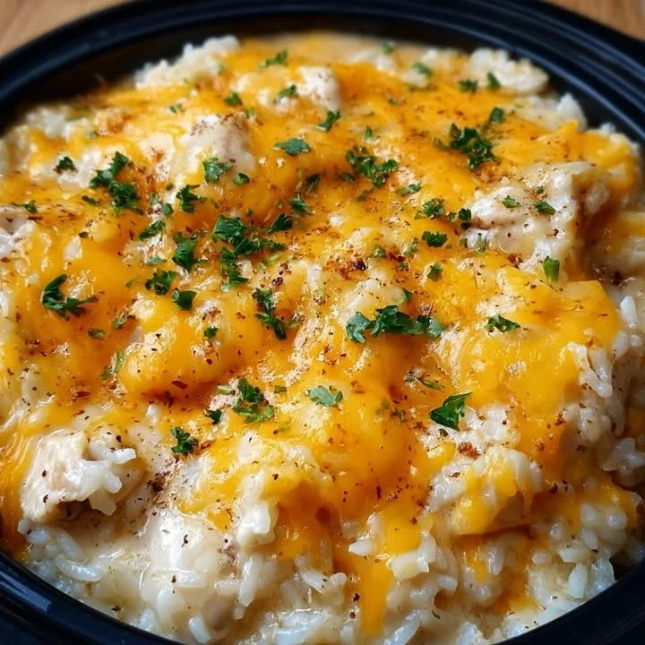 Slow cooker cheesy chicken and rice dish in a bowl, garnished with parsley