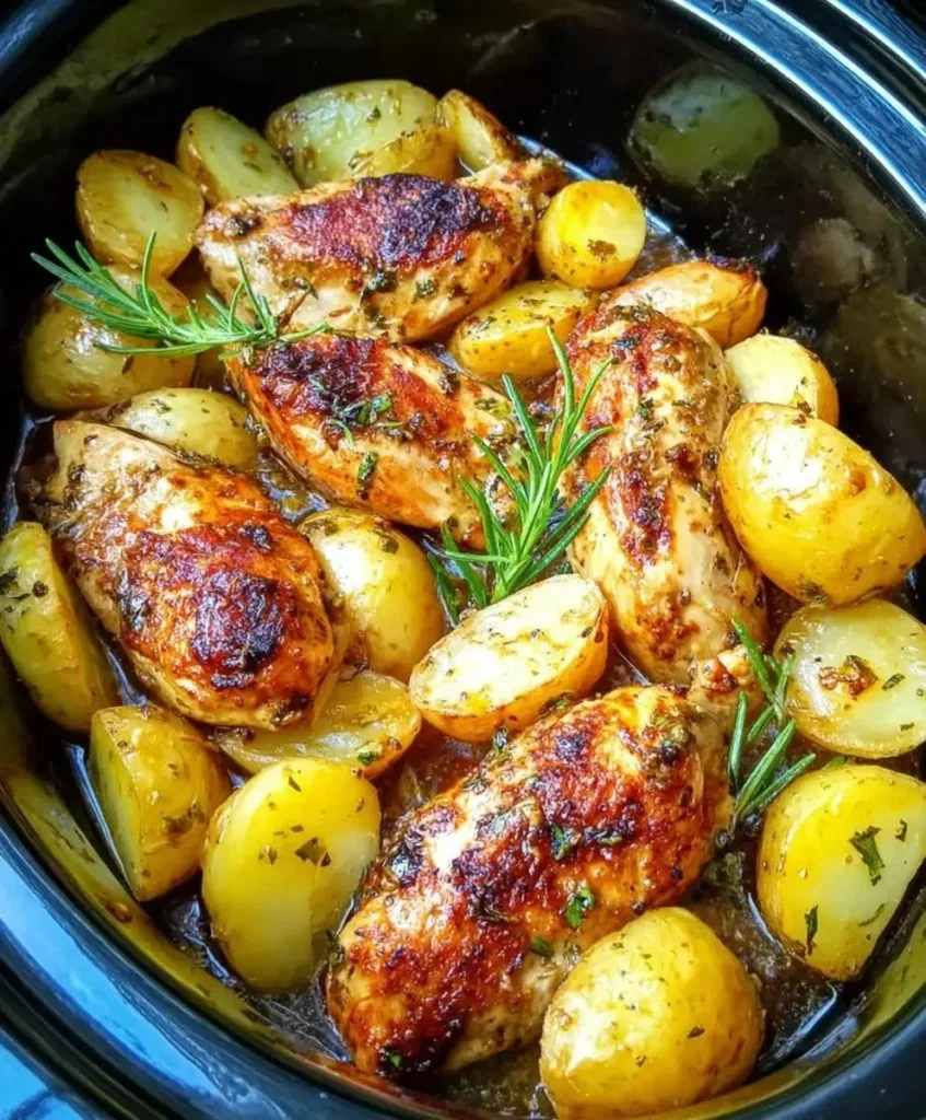 Slow Cooker Garlic Herb Chicken and Potatoes dish served on a plate