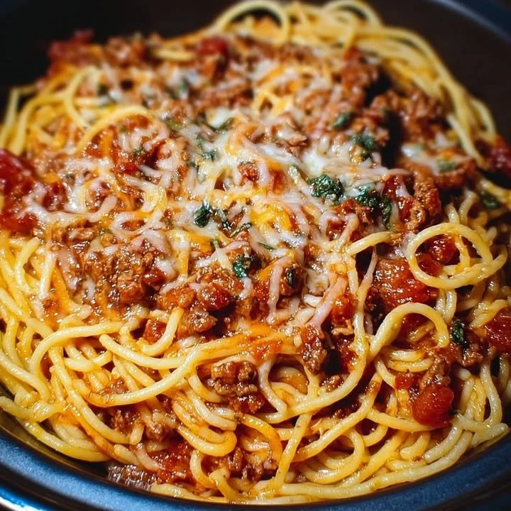 Delicious slow cooker spaghetti casserole with cheese and vegetables