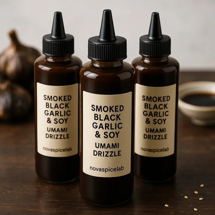 Smoked black garlic and soy umami drizzle sauce in a bowl