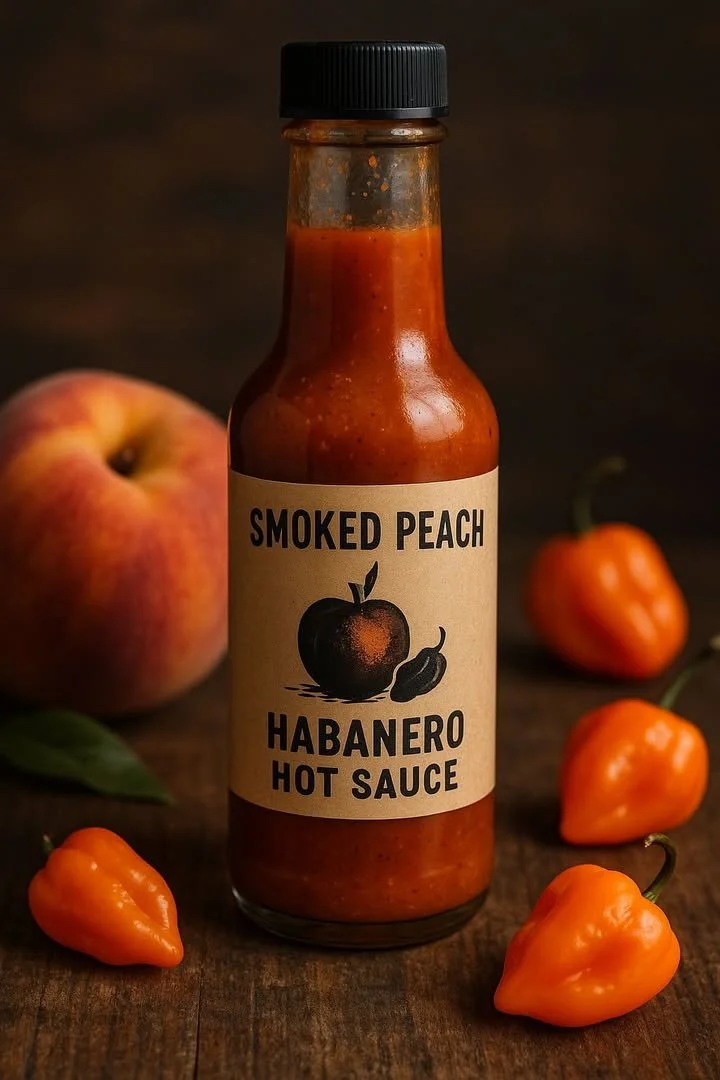 Bottle of Smoked Peach Habanero Hot Sauce featuring vibrant colors and bold flavors