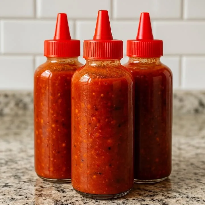Smoky Chipotle Tomato Jam Hot Sauce bottle on a wooden table