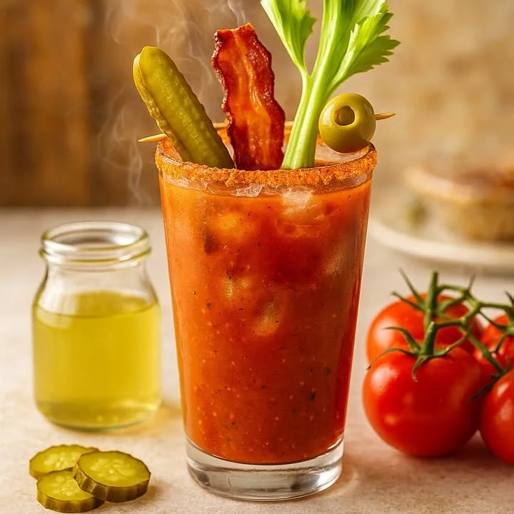 Smoky Pickle Juice Bloody Mary cocktail with garnishes