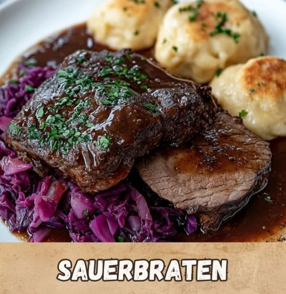 Delicious Sour Roast served with fresh vegetables and herbs