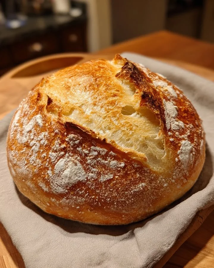 Freshly baked sourdough bread with a crispy crust cooling on a wire rack.