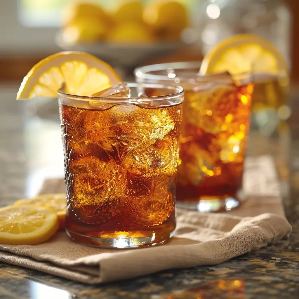 A refreshing glass of Southern sweet tea garnished with lemon slices