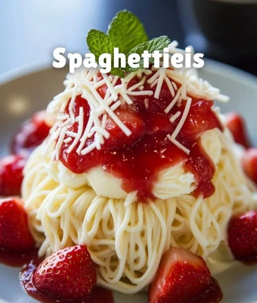 Delicious spaghetti ice cream presented on a plate, topped with strawberry sauce.