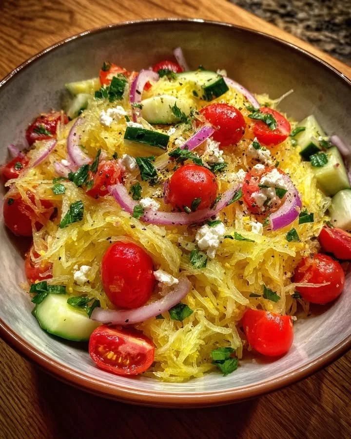 Spaghetti squash salad drizzled with lemon vinaigrette served in a bowl
