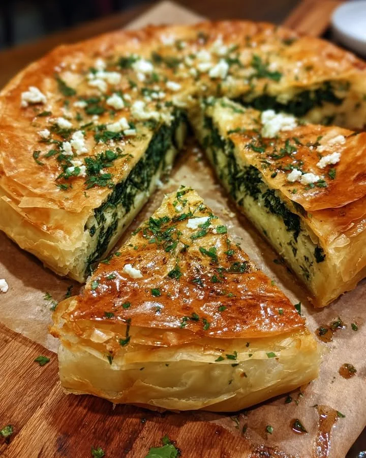 Spanakopita, a traditional Greek spinach pie with feta and herbs.