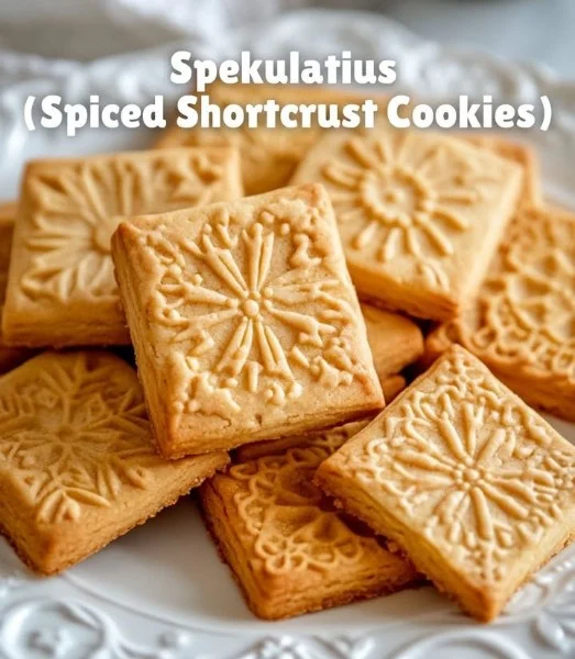 Plate of homemade Speculoos spiced shortcrust cookies with festive decorations.