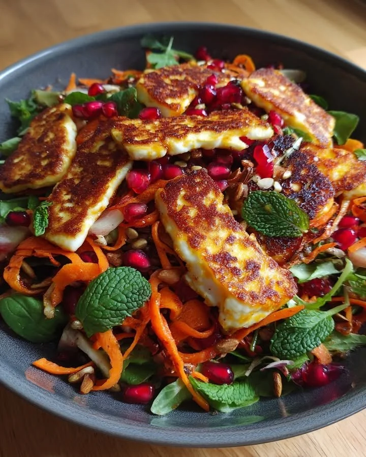 Spiced carrot salad with halloumi and pomegranate dressing on a plate