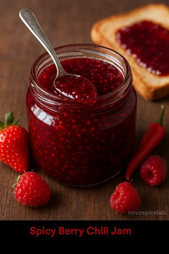 Spicy berry chili jam in a glass jar with fresh berries and chili peppers