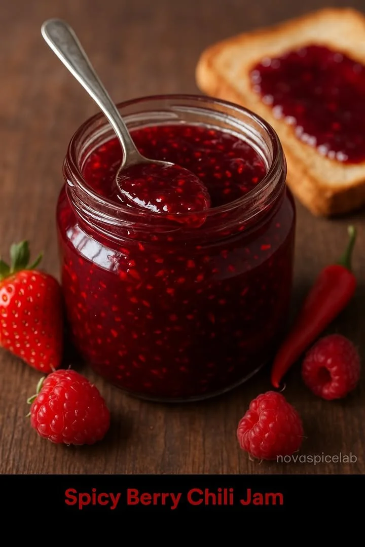 Spicy berry chili jam in a glass jar with fresh berries and chili peppers