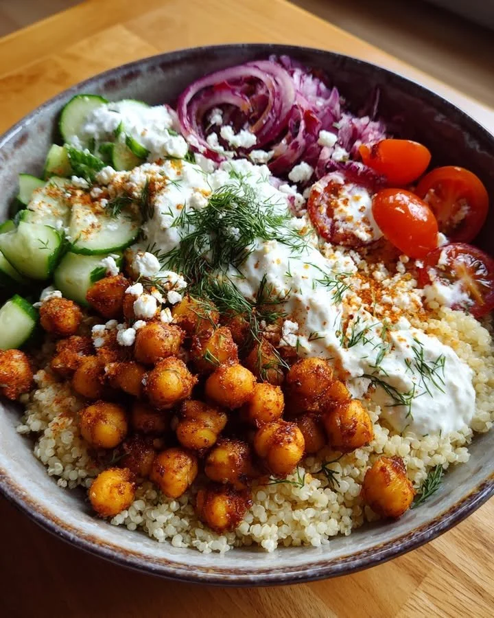Spicy Chickpea Shawarma Bowl topped with fresh vegetables and tahini sauce