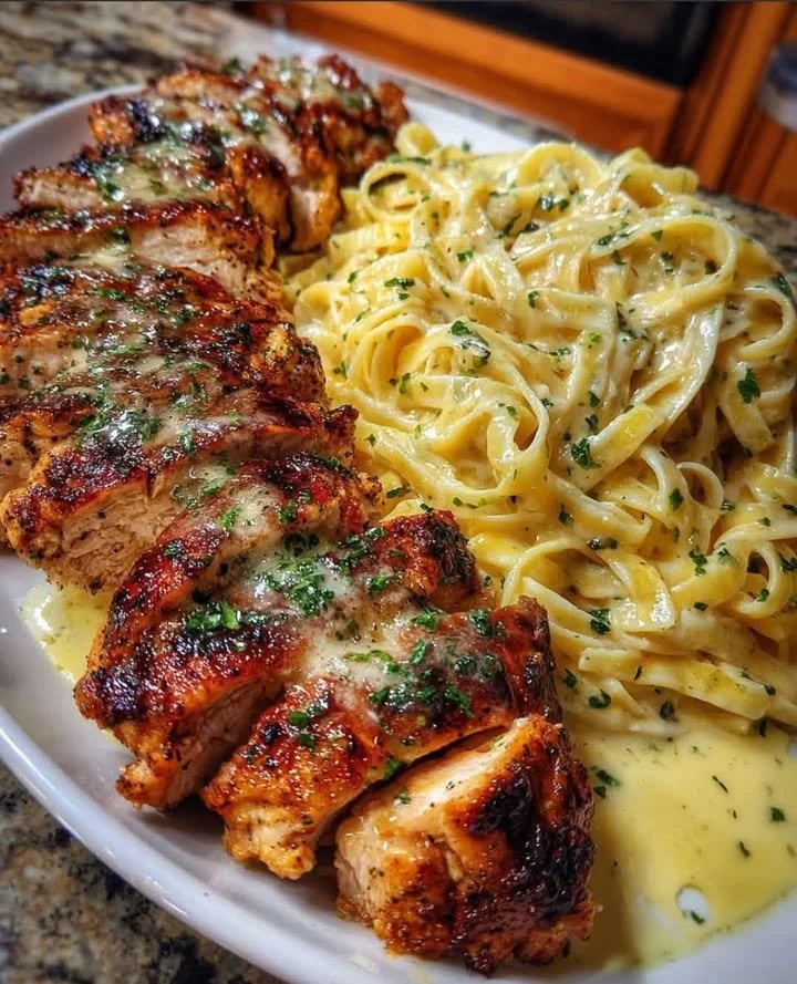 Creamy Cajun Chicken Linguine with garlic Parmesan sauce on a plate