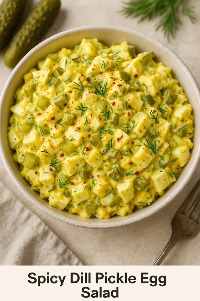 Bowl of Spicy Dill Pickle Egg Salad garnished with dill and served with toast.
