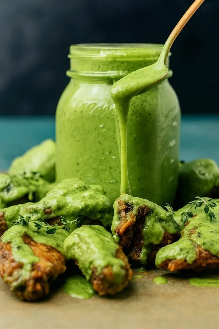 Spicy Green Goddess Sauce in a bowl with fresh herbs and vegetables