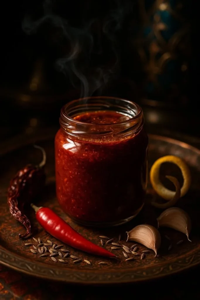 Spicy Harissa Shawarma Hot Sauce drizzled on a wrap, showcasing its vibrant color.