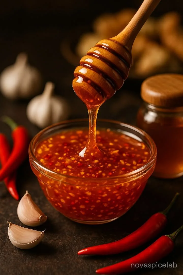 Spicy honey garlic dipping sauce in a small bowl with garlic and chili flakes