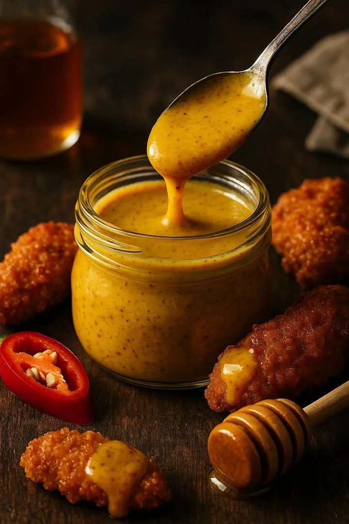 A bowl of Spicy Honey Mustard sauce with a spoon