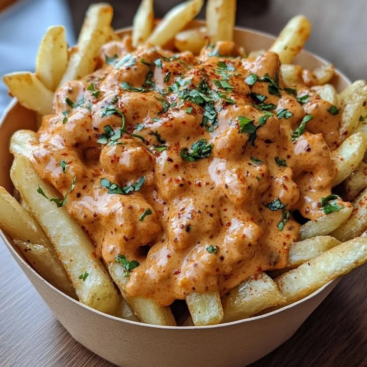 Plate of spicy loaded fries drizzled with creamy chili sauce