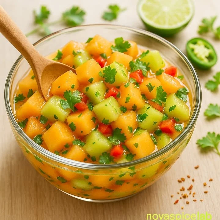 Bowl of spicy melon lime salsa with fresh ingredients.
