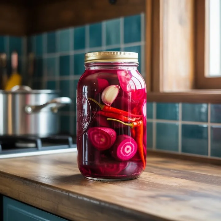 Bowl of spicy pickled beets with garlic and chili peppers