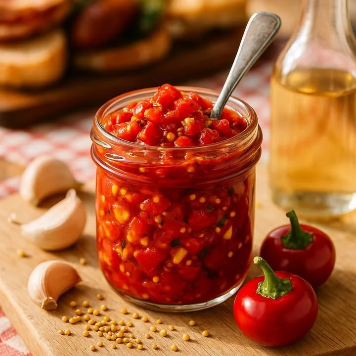 Jar of spicy pickled cherry pepper relish for flavorful dishes