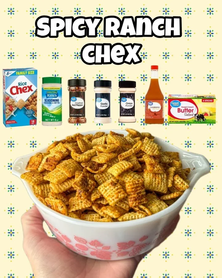 Bowl of crunchy Spicy Ranch Chex snack mix with various ingredients