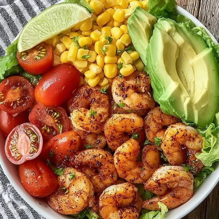 A vibrant Spicy Shrimp Salad Bowl with fresh vegetables and a zesty dressing