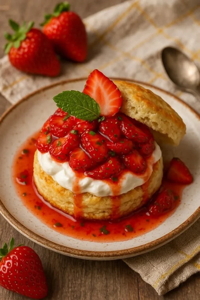 Spicy strawberry-jalapeño shortcake served on a rustic wooden table.