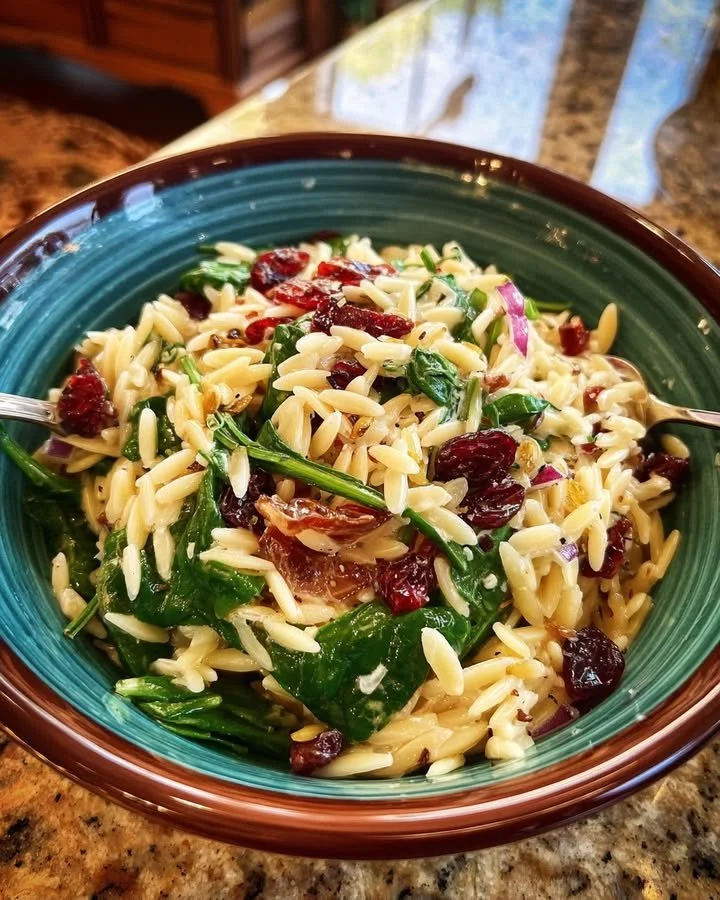 Spinach Orzo Salad with cranberries and sunflower seeds in a bowl