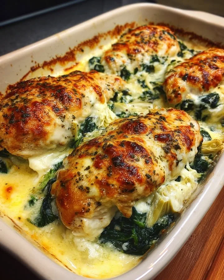 Delicious Spinach Artichoke Chicken Bake served with a side salad
