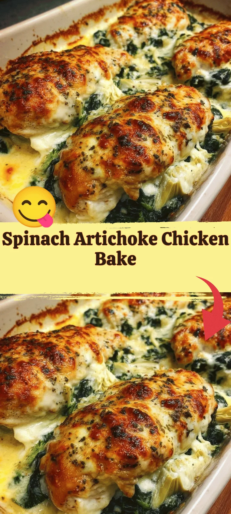 Creamy Spinach Artichoke Chicken Bake fresh out of the oven