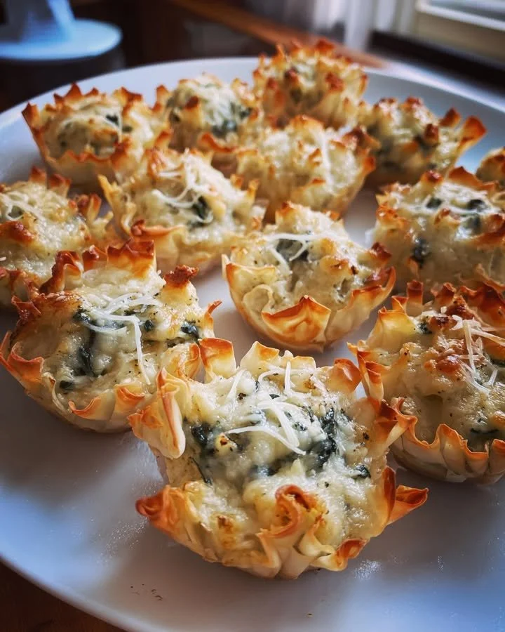 Spinach artichoke dip bites served in a platter, perfect for parties.
