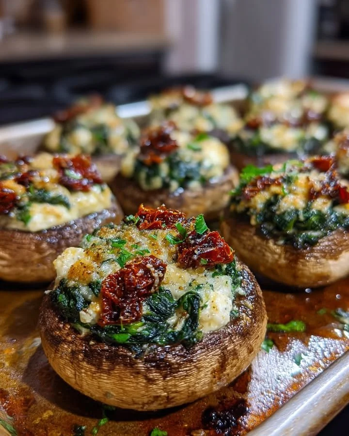 Spinach, feta, and sun-dried tomato stuffed mushrooms on a plate