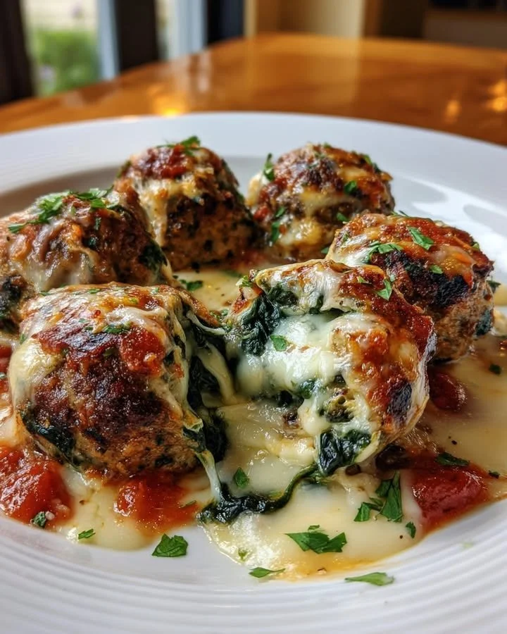 Spinach garlic meatballs filled with mozzarella cheese on a serving plate.