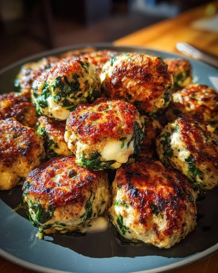 Spinach garlic meatballs stuffed with mozzarella cheese on a serving plate